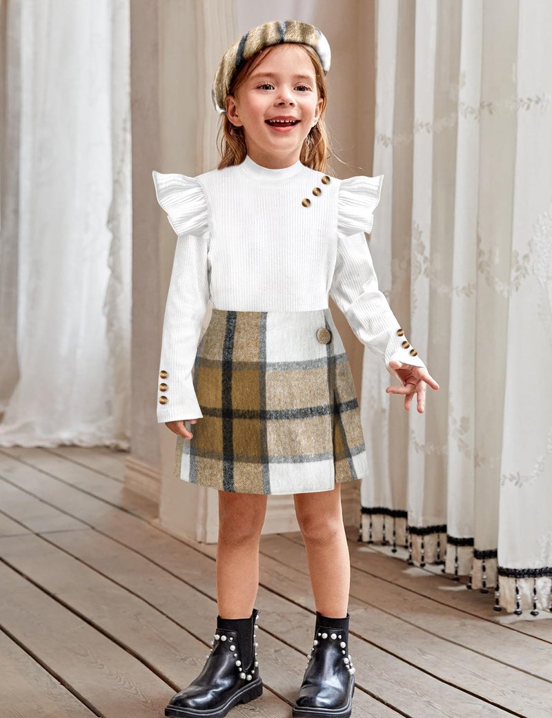 Aulyffo Toddler Girl Clothes 2t Girls Outfits 3t White Ruffle Shirt Button Long Sleeve Tops + Brown Plaid Mini Skirt Shorts + Cute Hat 3Pcs Toddler Girl Fall Outfit - Image 3