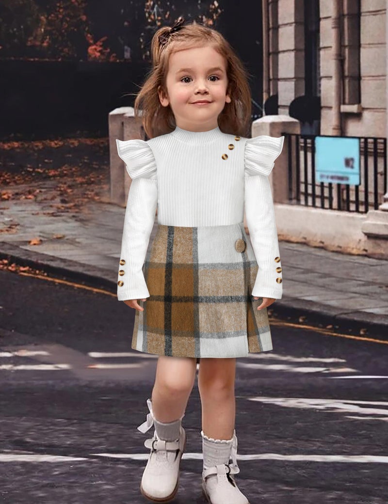 Aulyffo Toddler Girl Clothes 2t Girls Outfits 3t White Ruffle Shirt Button Long Sleeve Tops + Brown Plaid Mini Skirt Shorts + Cute Hat 3Pcs Toddler Girl Fall Outfit - Image 2