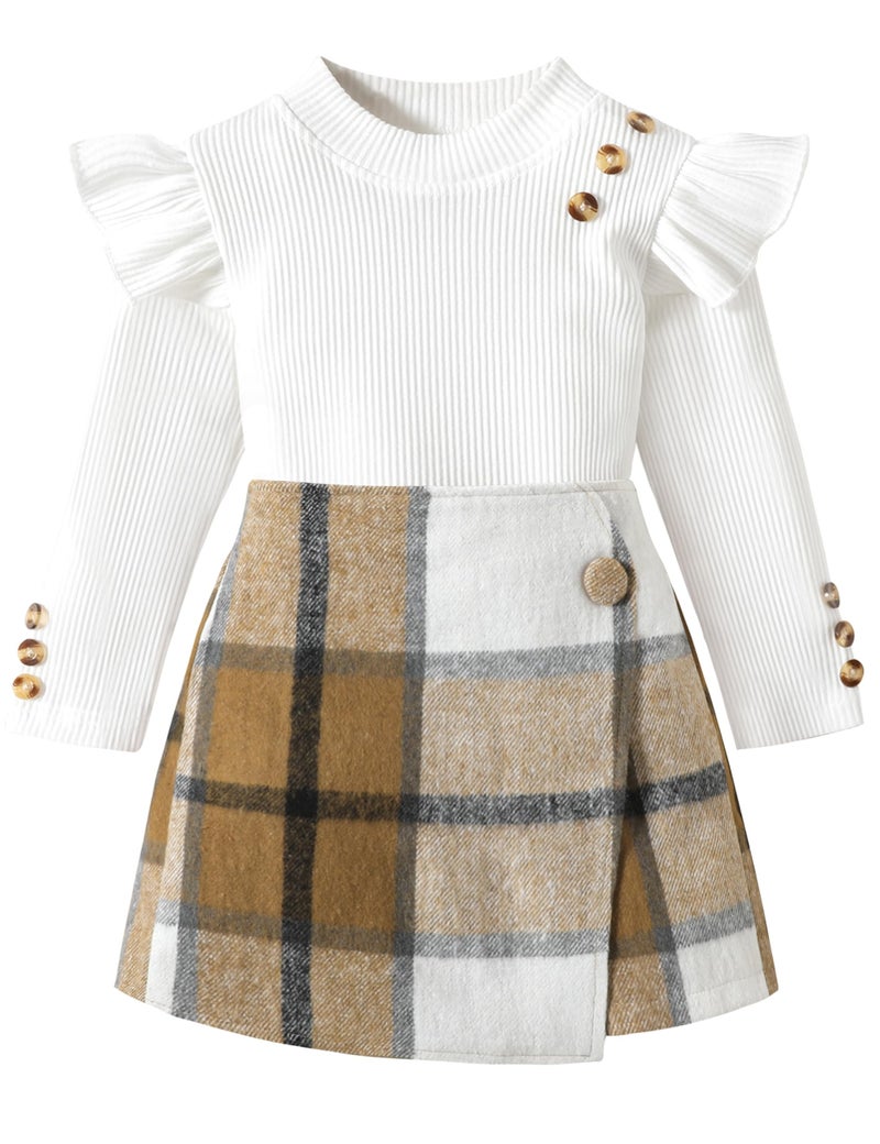 Aulyffo Toddler Girl Clothes 2t Girls Outfits 3t White Ruffle Shirt Button Long Sleeve Tops + Brown Plaid Mini Skirt Shorts + Cute Hat 3Pcs Toddler Girl Fall Outfit - Image 1