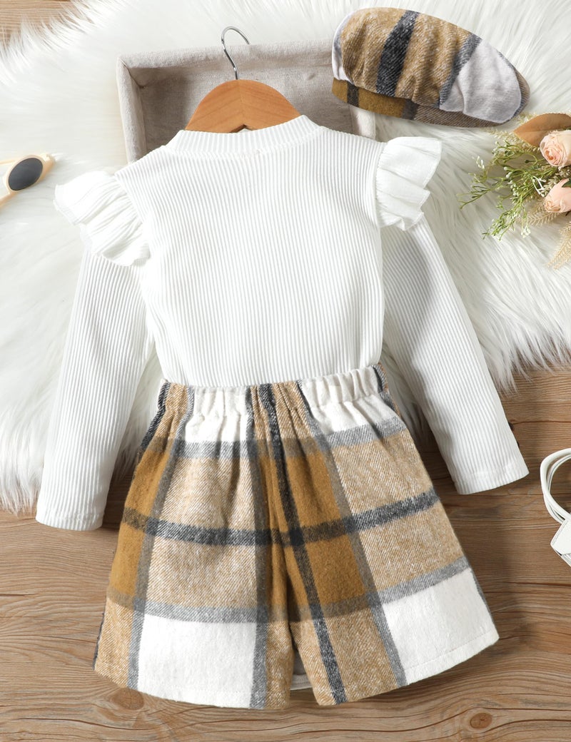 Aulyffo Toddler Girl Clothes 2t Girls Outfits 3t White Ruffle Shirt Button Long Sleeve Tops + Brown Plaid Mini Skirt Shorts + Cute Hat 3Pcs Toddler Girl Fall Outfit - Image 5