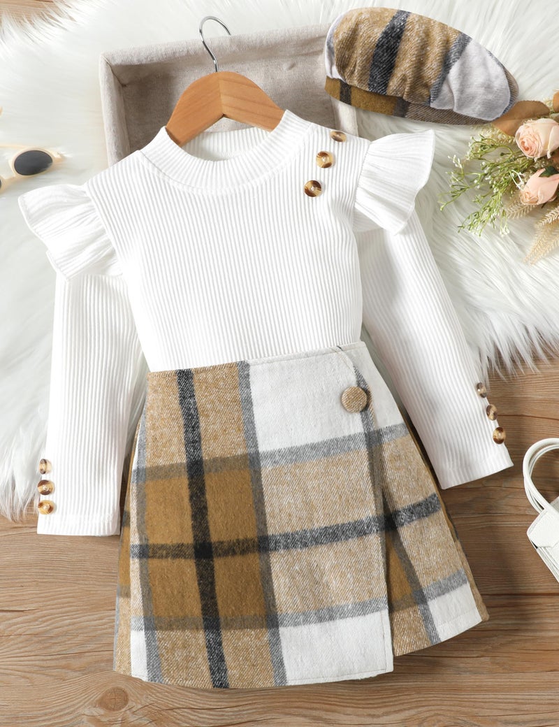 Aulyffo Toddler Girl Clothes 2t Girls Outfits 3t White Ruffle Shirt Button Long Sleeve Tops + Brown Plaid Mini Skirt Shorts + Cute Hat 3Pcs Toddler Girl Fall Outfit - Image 4