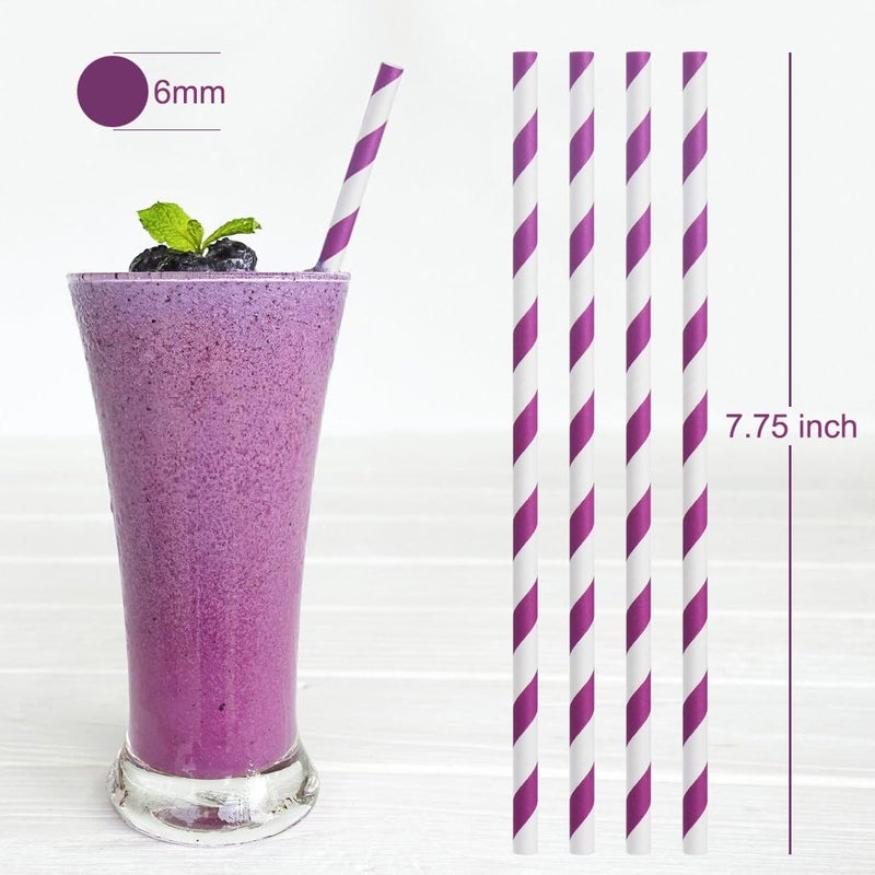 ALINK 100 Purple and White Striped Paper Straws  Biodegradable Disposable Drinking Straws for Valentine's Day  Halloween  Bridal Shower  Brithday  New Year  Party Decoration - Image 2