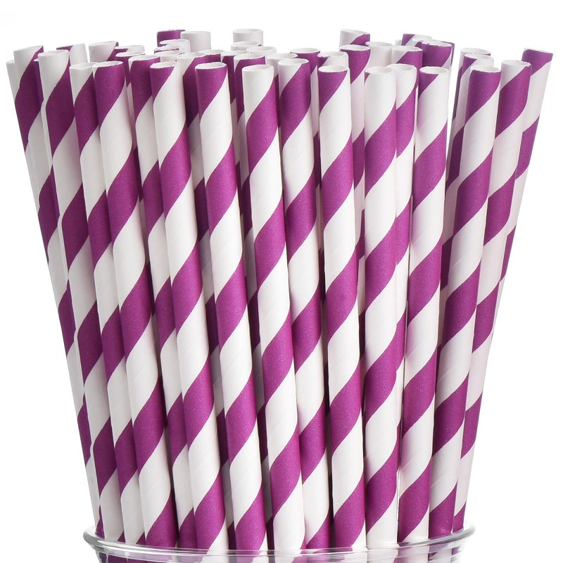 ALINK 100 Purple and White Striped Paper Straws  Biodegradable Disposable Drinking Straws for Valentine's Day  Halloween  Bridal Shower  Brithday  New Year  Party Decoration - Image 1