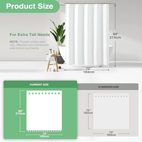 Dynamene Extra Long Shower Curtains, 84 Inches Long Boho Tufted Chevron Striped Fabric Shower Curtains for Bathroom, Tall Minimalist Chic Waterproof Cloth Shower Curtain Set with Hook, White, 72x84 - Image 3