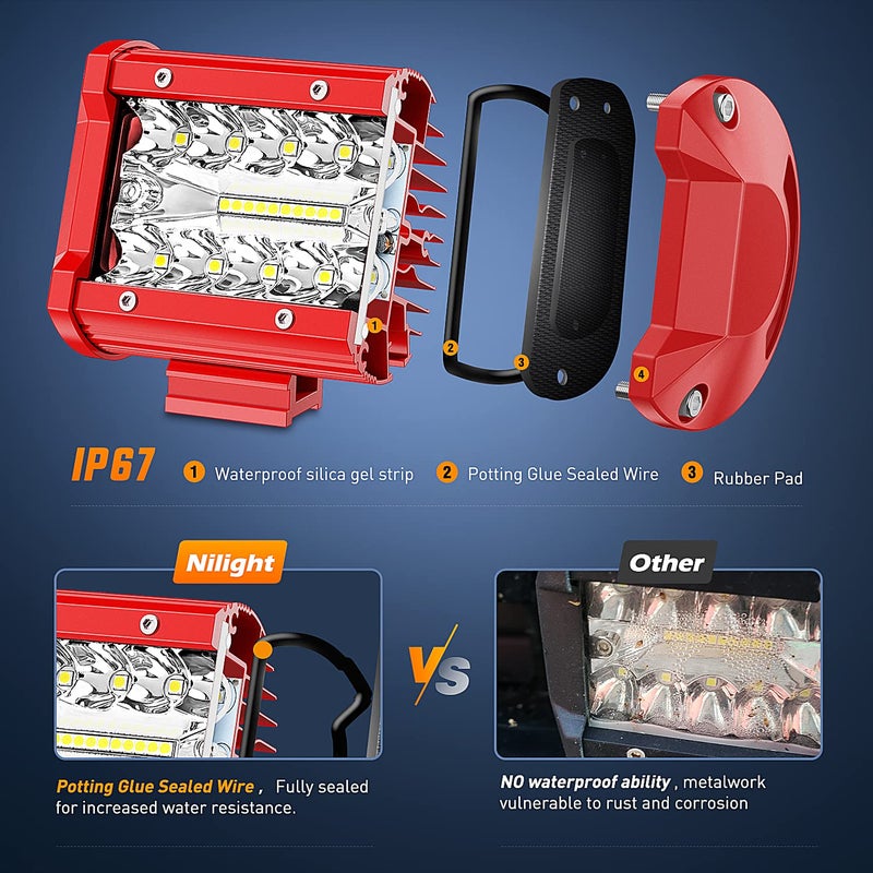 Nilight LED Light Bar 2PCS 60W 4Inch Triple Row Spot Flood Combo Lights w/Wiring Kit for Fog Driving Work Lighting on Off-Road Truck Tractor SUV ATV UTV Golf Cart Boats - Image 3