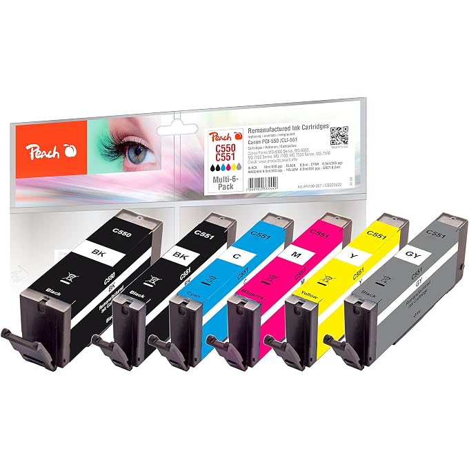 Peach C550/551/555 Economy Pack with (BK, PBK, C, M, Y, Grey) Replaces PGI-550, CLI-551 for Pixma IP 7250, Pixma MX 925, Pixma IP 7200, Pixma MG 7550, Pixma MX 920