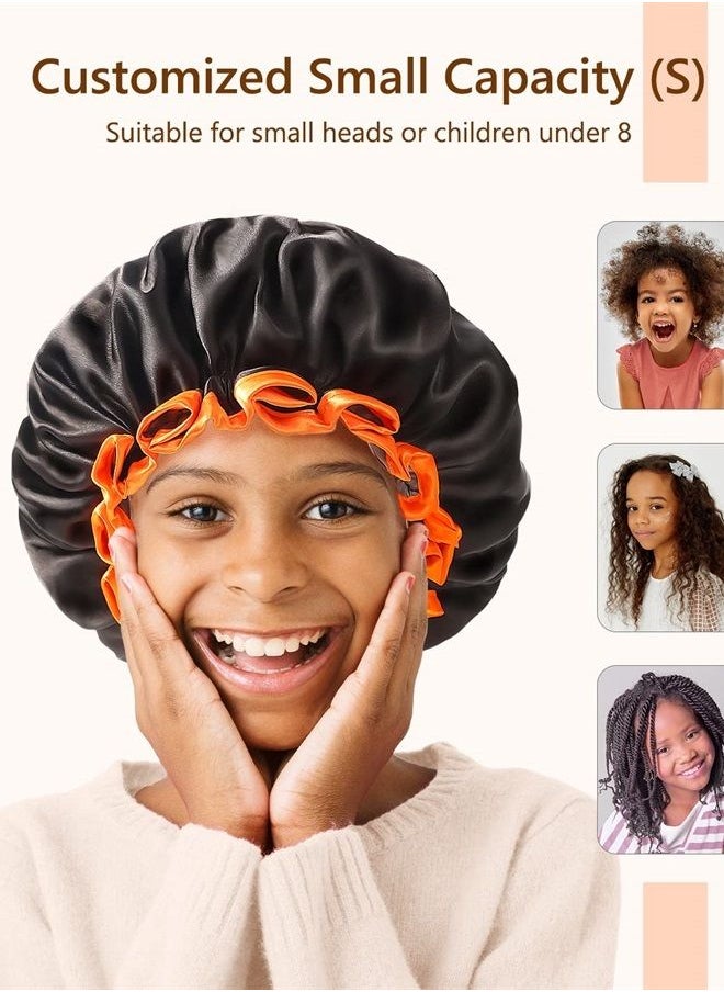 mikimini Small Black Shower Caps for Kids, Double Layers Waterproof Bathing Hair Cap with Reusable Soft Comfortable PEVA Lining, Cute, Non-fading & Stretchy Shower Hat Small Pack of 1, Black + Orange  - Image 1