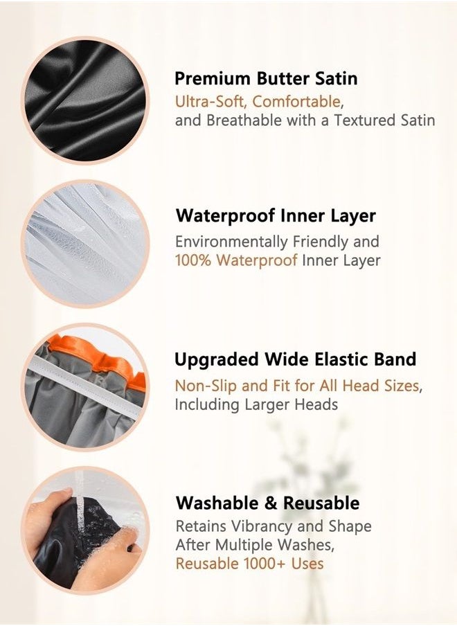 mikimini Small Black Shower Caps for Kids, Double Layers Waterproof Bathing Hair Cap with Reusable Soft Comfortable PEVA Lining, Cute, Non-fading & Stretchy Shower Hat Small Pack of 1, Black + Orange  - Image 3