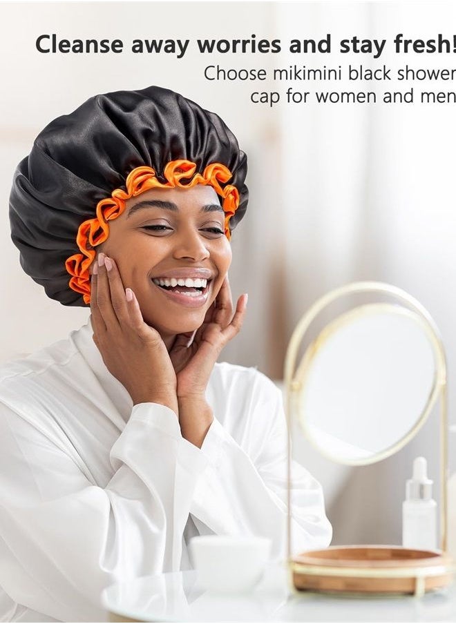 mikimini Small Black Shower Caps for Kids, Double Layers Waterproof Bathing Hair Cap with Reusable Soft Comfortable PEVA Lining, Cute, Non-fading & Stretchy Shower Hat Small Pack of 1, Black + Orange  - Image 4