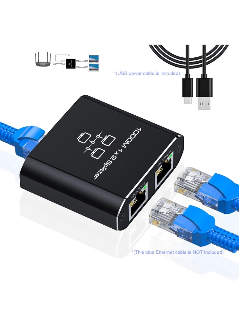 BRTM موزع شبكة Gigabit Ethernet (من 1 إلى 2) مع كابل طاقة USB - محول تقسيم إنترنت RJ45 بسرعة عالية تصل إلى 1000 ميجابت في الثانية (متوافق مع كابلات Cat 5/5e/6/7/8)، يدعم توصيل جهازين بالشبكة في آن واحد، موزع شبكة ثنائي المنفذ مع كابل طاقة USB. - Image 1