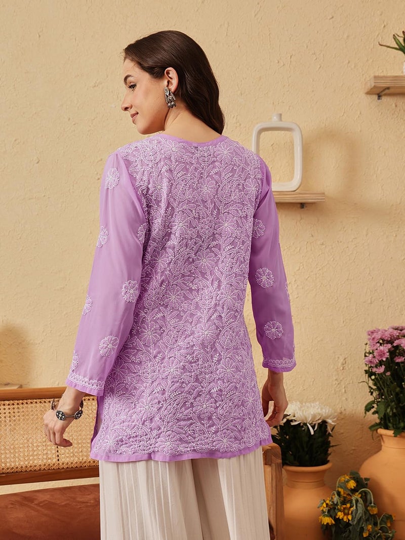Ada Women Traditional Handcrafted Lucknowi Chikan Lavender Georgette Regular Fit Top Tunic Short Kurti A911261 (Xl) - Image 2
