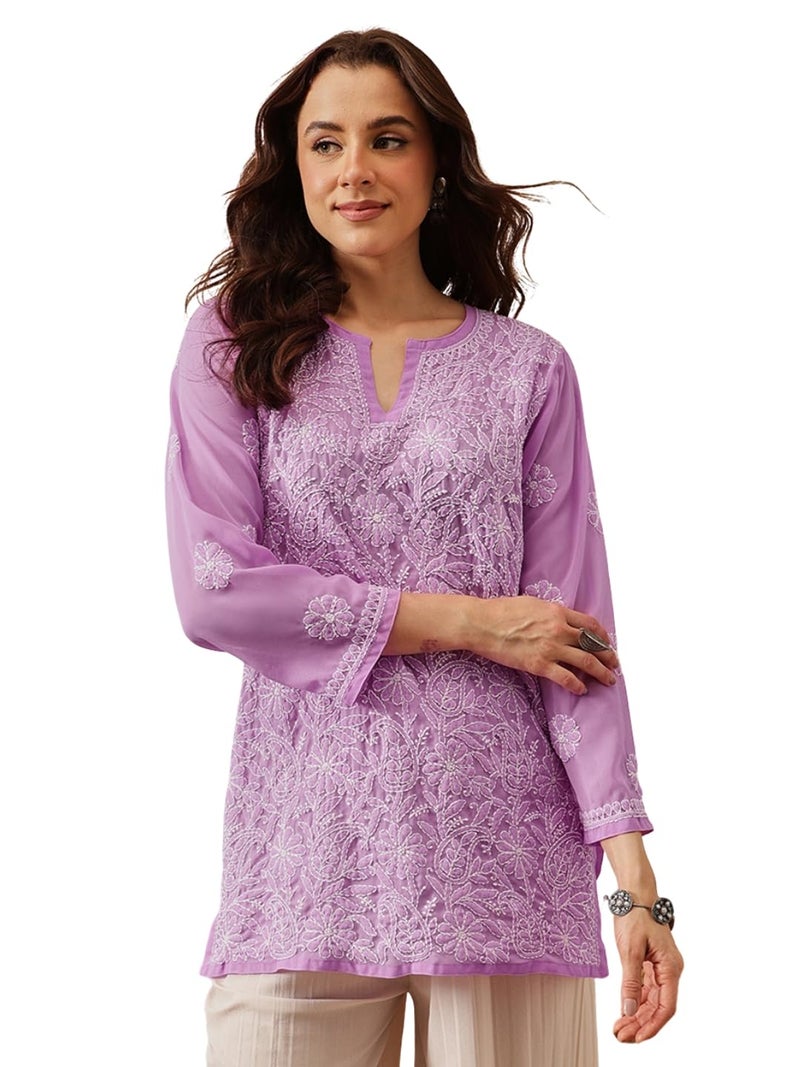 Ada Women Traditional Handcrafted Lucknowi Chikan Lavender Georgette Regular Fit Top Tunic Short Kurti A911261 (Xl) - Image 1