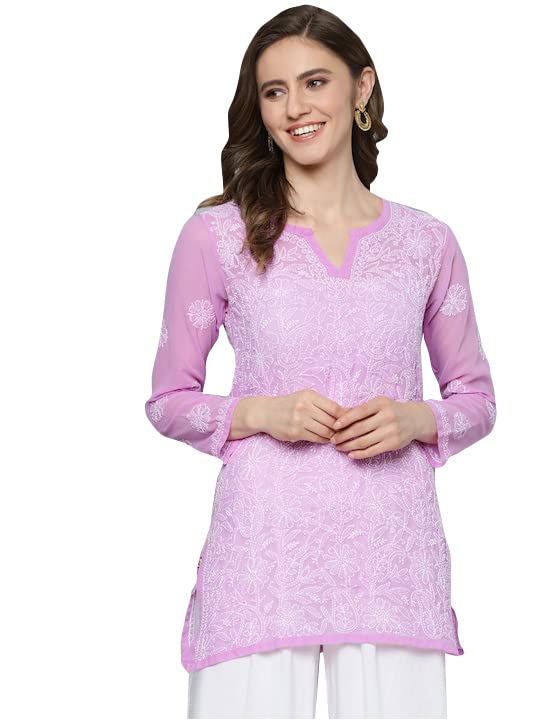 Ada Women Traditional Handcrafted Lucknowi Chikan Lavender Georgette Regular Fit Top Tunic Short Kurti A911261 (Xl) - Image 4