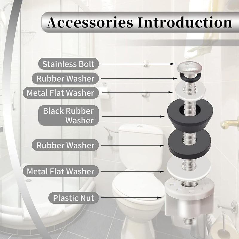 Lovppy Universal Toilet Seat Hinge Bolts Kit, Heavy Duty Toilet Bolts, Waterproof Stainless and Rubber Washers Gaskets with Extra Long Nut White Plastic Down Lock Screw for Fastening (Silver) (4) - Image 2