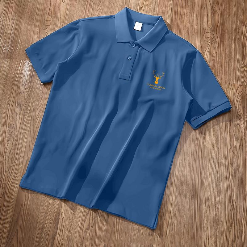 قميص بولو صيفي للرجال من حرير الثلج الرقيق بأكمام قصيرة، قميص فضفاض للرجال، مرن، قابل للتنفس، قميص كاجوال بلون صلب، أزرق قرن الغزال [قميص بولو فراشة]