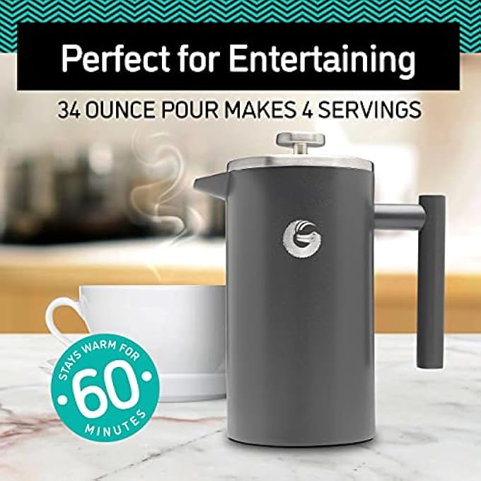 Coffee Gator Cafetiere 24 Cups 1 L French Press Coffee Maker Plus Travel Jar Canister Double Walled Insulated Stainless Steel Portable Hot Cold Brew Teapot For Home Office Kitchen Camping Outdoor - Image 4