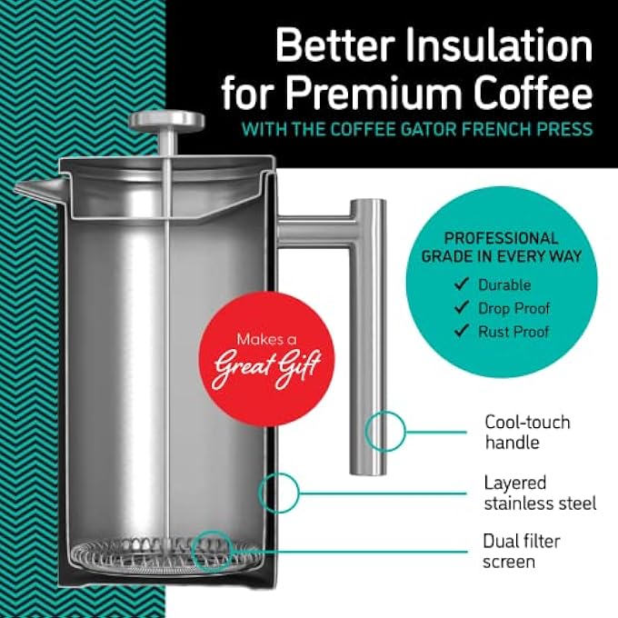 Coffee Gator Cafetiere 24 Cups 1 L French Press Coffee Maker Plus Travel Jar Canister Double Walled Insulated Stainless Steel Portable Hot Cold Brew Teapot For Home Office Kitchen Camping Outdoor - Image 3