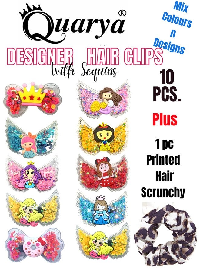 Quarya Hair Clips for Girls Sequins Snap Non Slip Barrettes Tic Tac Hair Pins for Baby Girls Toddlers Kids Teens Transparent Shiny Cute Cartoon Characters Hairpins (10 pcs in a Jar plus 1 Printed Scrunchy) - Image 2