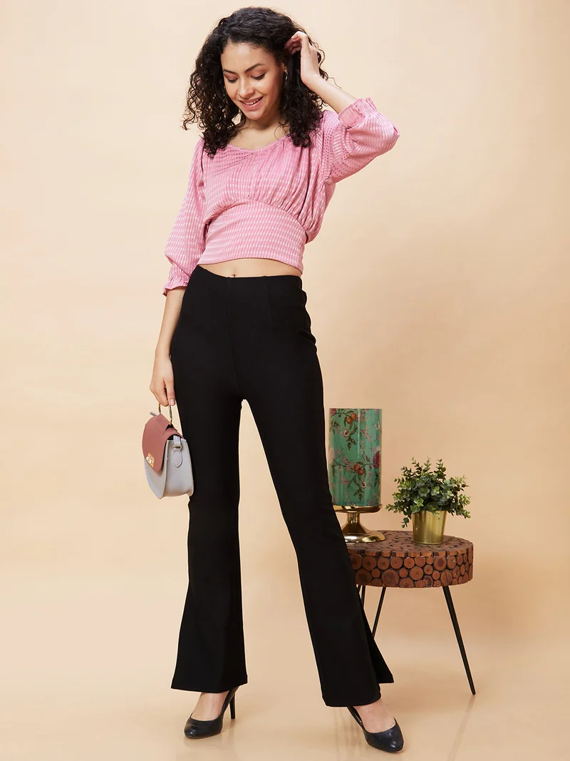 globus Women Checked Puff Sleeves Blouson Crop Top