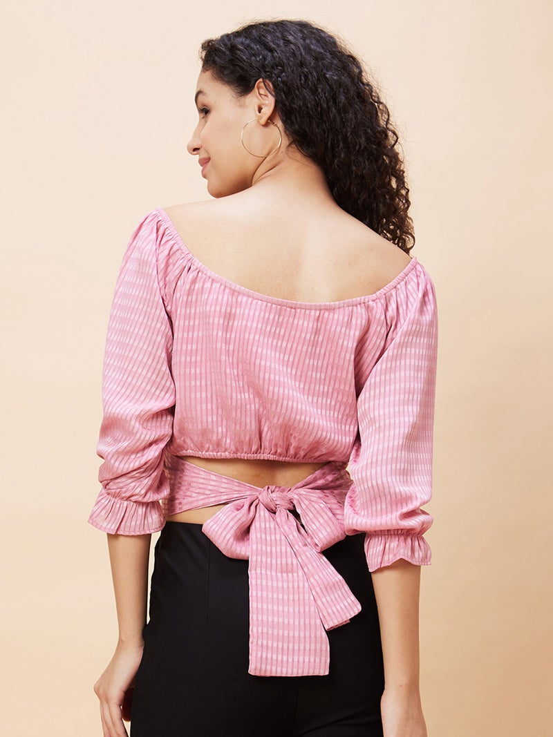 globus Globus Women Checked Puff Sleeves Blouson Crop Top  - Image 3