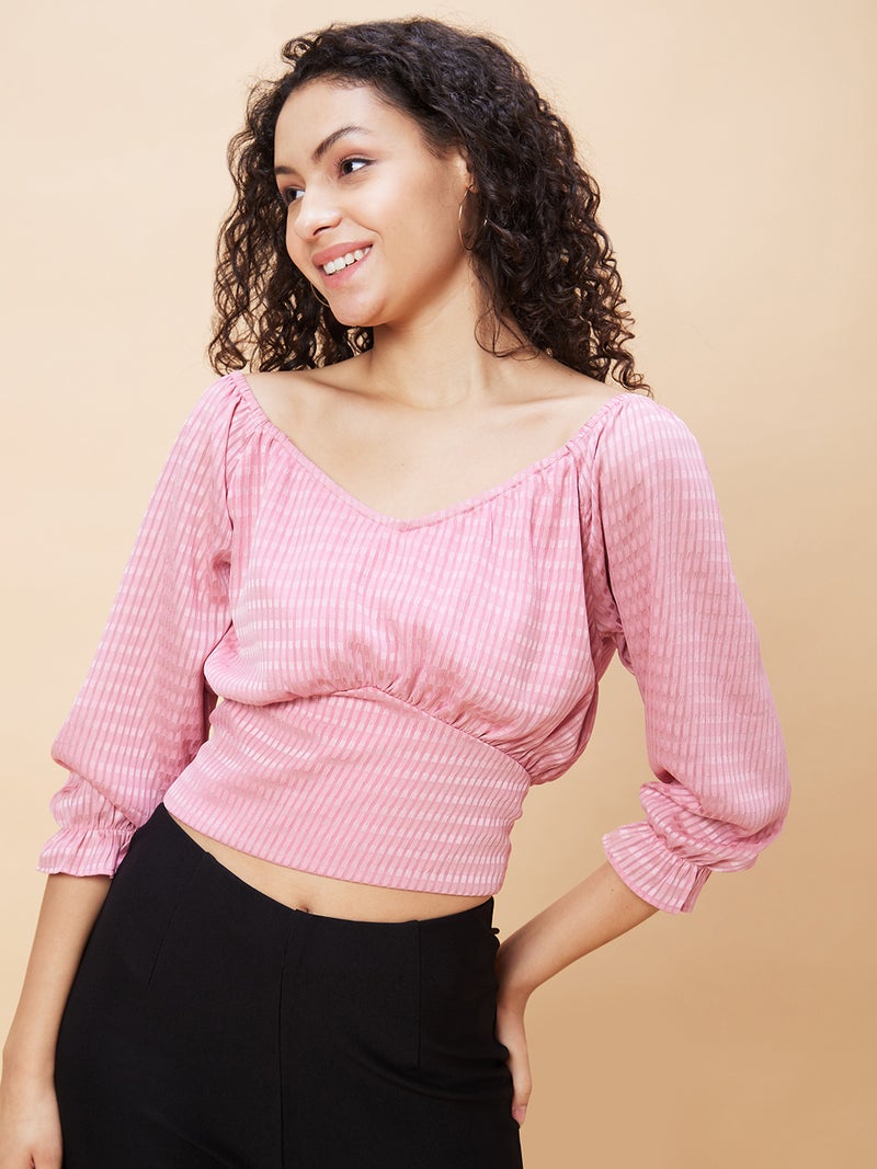 globus Globus Women Checked Puff Sleeves Blouson Crop Top  - Image 1