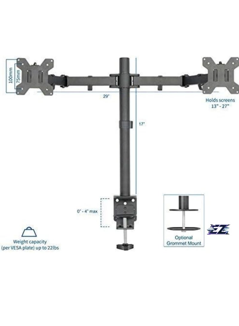 ELTRAZONE Dual LCD LED Monitor Desk Mount Stand with C-clamp and Bolt-Through Grommet Options | Heavy Duty Fully Adjustable Arms Hold Two (2) Screens up to 27"  - Image 2