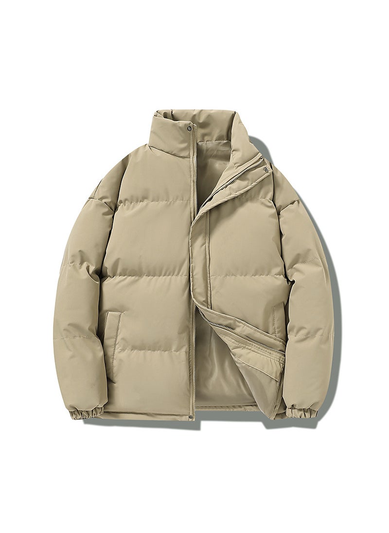 Generic Winter Casual Stand Collar Trendy Cotton Padded Coat Men Loose Fit Solid Color Cotton Coat Couple Jacket Thickened Warm Puffer J Pink  - Image 3