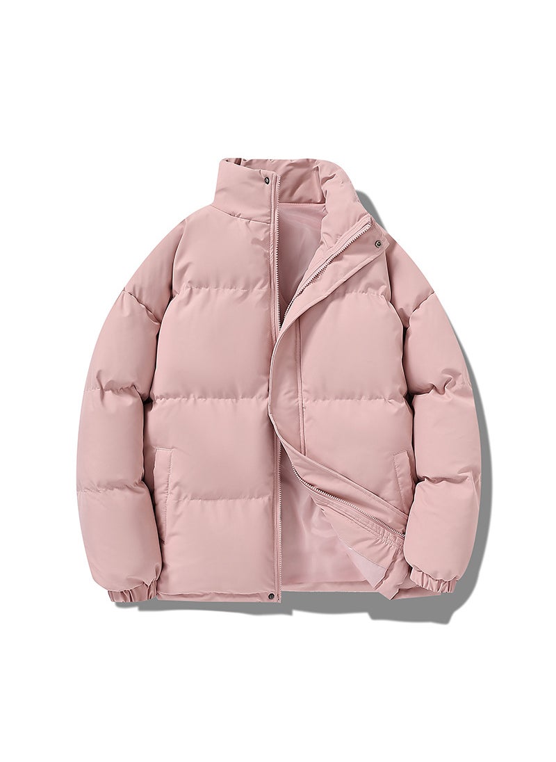 Generic Winter Casual Stand Collar Trendy Cotton Padded Coat Men Loose Fit Solid Color Cotton Coat Couple Jacket Thickened Warm Puffer J Pink  - Image 1