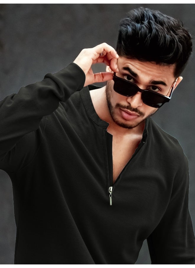 Maniac Mens High Neck Solid Full Sleeve Black Cotton Slim Fit T-Shirt  - Image 1
