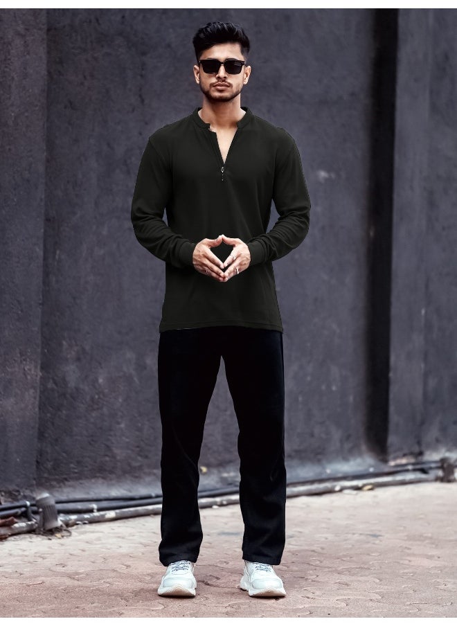 Maniac Mens High Neck Solid Full Sleeve Black Cotton Slim Fit T-Shirt  - Image 4