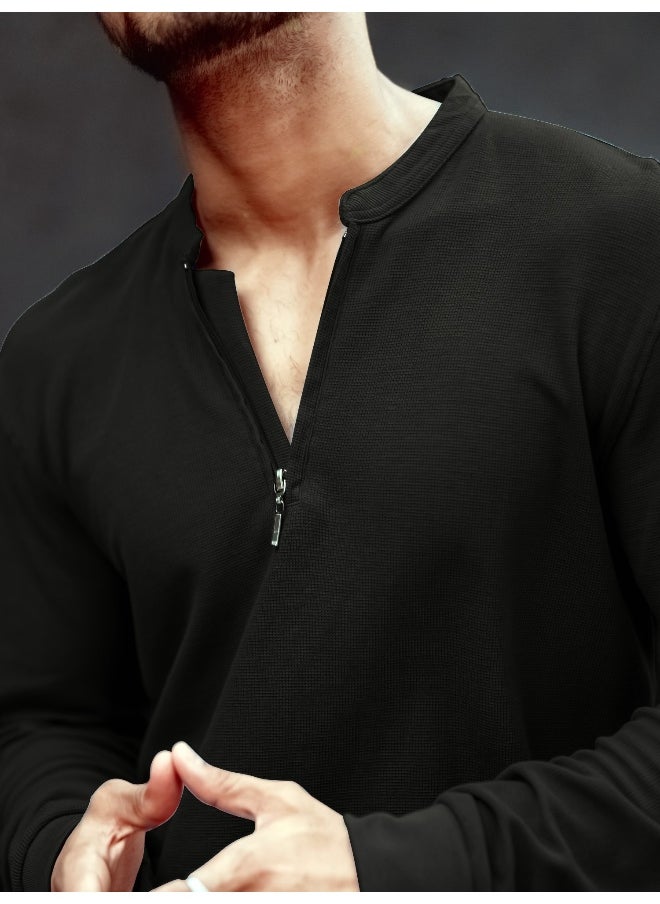 Maniac Mens High Neck Solid Full Sleeve Black Cotton Slim Fit T-Shirt  - Image 3