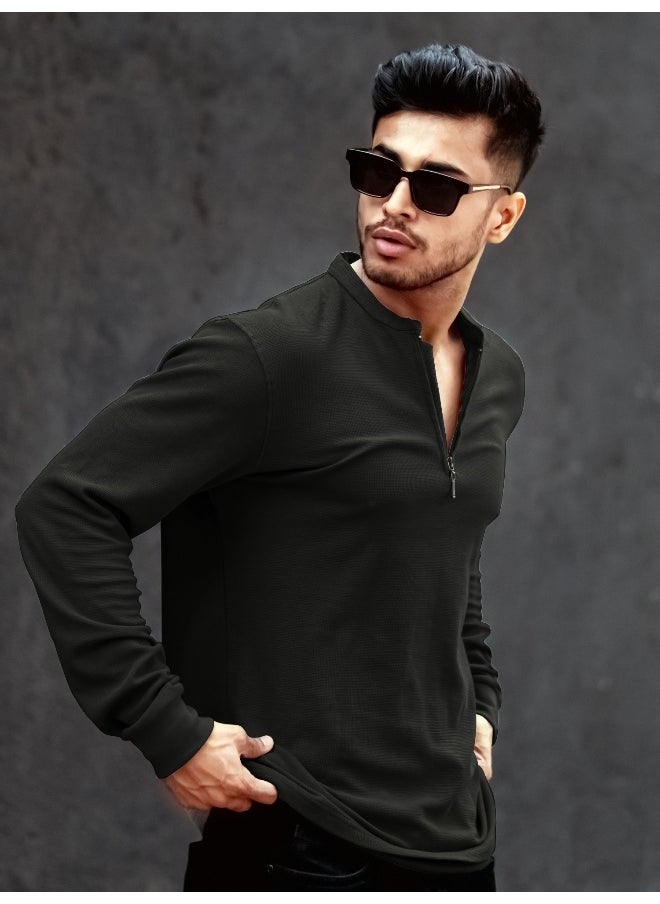 Maniac Mens High Neck Solid Full Sleeve Black Cotton Slim Fit T-Shirt  - Image 2