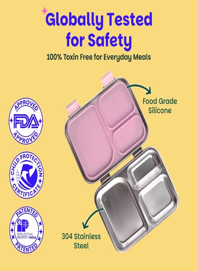 Basil Bento Box - 900 ml 3 Compartment Stainless Steel Lunch Box for Kids | Leak-Proof Tiffin for School - Pink Unicorn | Pixie Dash - Image 3