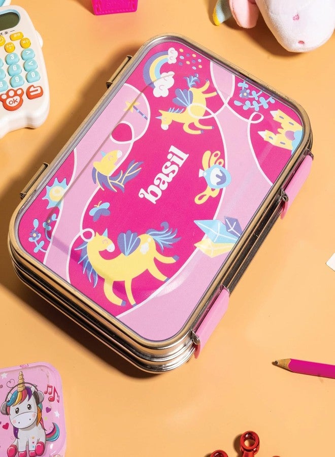 Basil Bento Box - 900 ml 3 Compartment Stainless Steel Lunch Box for Kids | Leak-Proof Tiffin for School - Pink Unicorn | Pixie Dash - Image 5