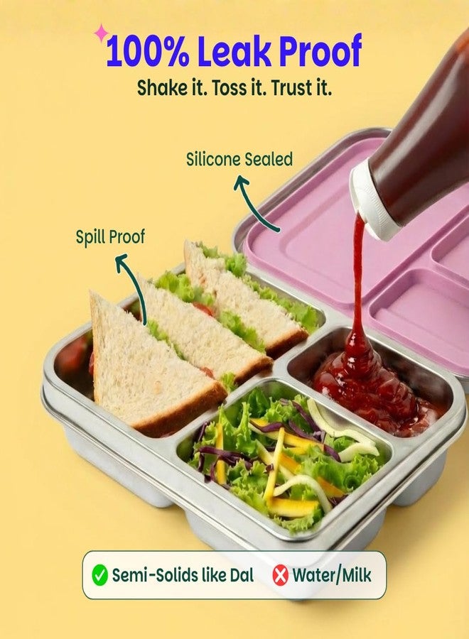 Basil Bento Box - 900 ml 3 Compartment Stainless Steel Lunch Box for Kids | Leak-Proof Tiffin for School - Pink Unicorn | Pixie Dash - Image 2