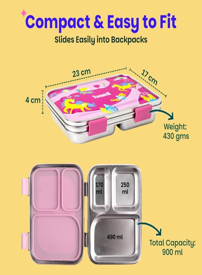 Basil Bento Box - 900 ml 3 Compartment Stainless Steel Lunch Box for Kids | Leak-Proof Tiffin for School - Pink Unicorn | Pixie Dash - Image 4