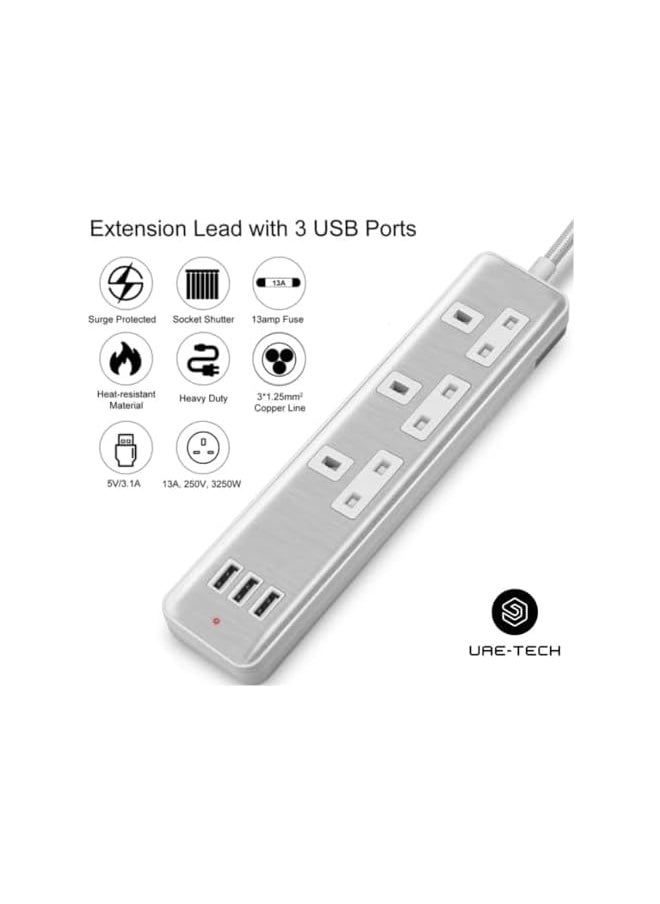 PROMASS promass Universal Power Extension Cord with 3 Power Sockets 3 USB Ports with Surge Protection + Fireproof, Heavy Duty Built in Copper Material 2m Cable  - Image 5