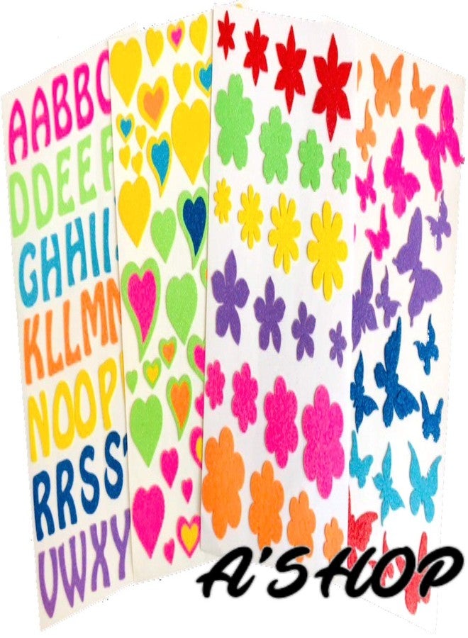 A'SHOP Neon Glitter Foam Self Adhesive Alphabets, Butterflies, Flowers & Heart Stickers for Art & Craft (Set of 4 Sheets) - Image 1