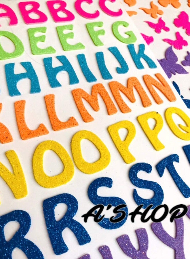 A'SHOP Neon Glitter Foam Self Adhesive Alphabets, Butterflies, Flowers & Heart Stickers for Art & Craft (Set of 4 Sheets) - Image 3