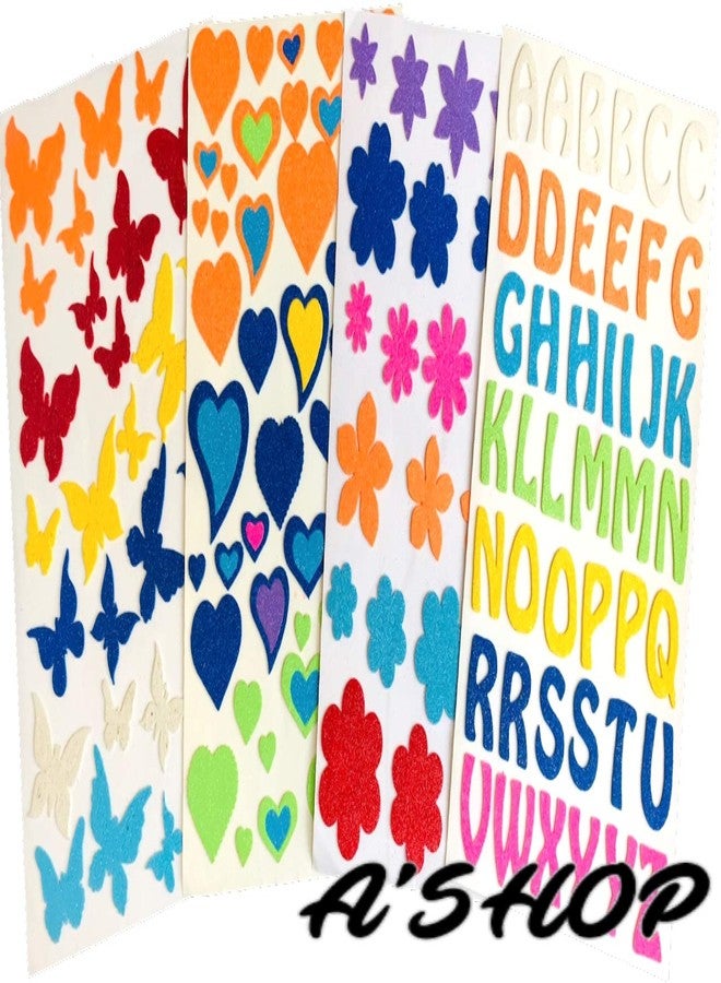 A'SHOP Neon Glitter Foam Self Adhesive Alphabets, Butterflies, Flowers & Heart Stickers for Art & Craft (Set of 4 Sheets) - Image 2