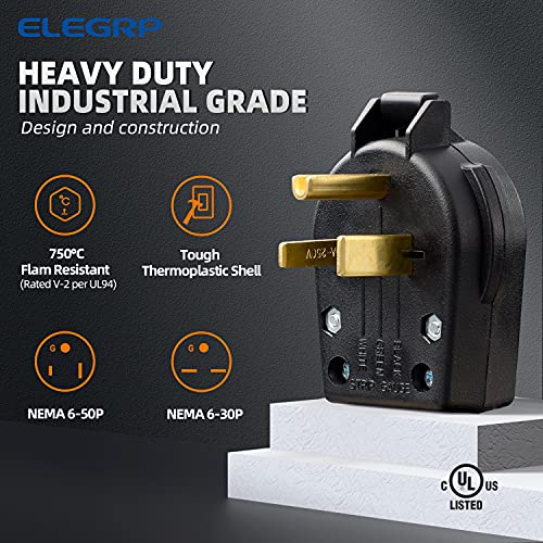 ELEGRP NEMA 6-30P & 6-50P Heavy Duty Angle Plug, 30/50 Amp 250V 3 Prong Power Plug for Welder/Generator, Industrial Grade, Grounding, 2 Pole 3 Wire, UL Listed, 1 Pack - Image 2