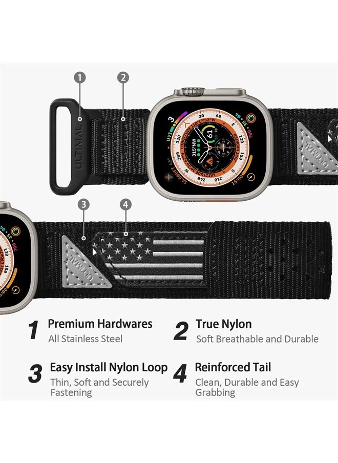 ULTIMAL - Band Compatible with Apple Watch 49mm 45mm/44mm/42mm 41mm/40mm/38mm, Tough Breathable Nylon Sports Strap, Hollow Out Design for iWatch Series 8/7/6/5/4/SE/3/2/1/Ultra (49mm L, Black USA Flag) - Image 1