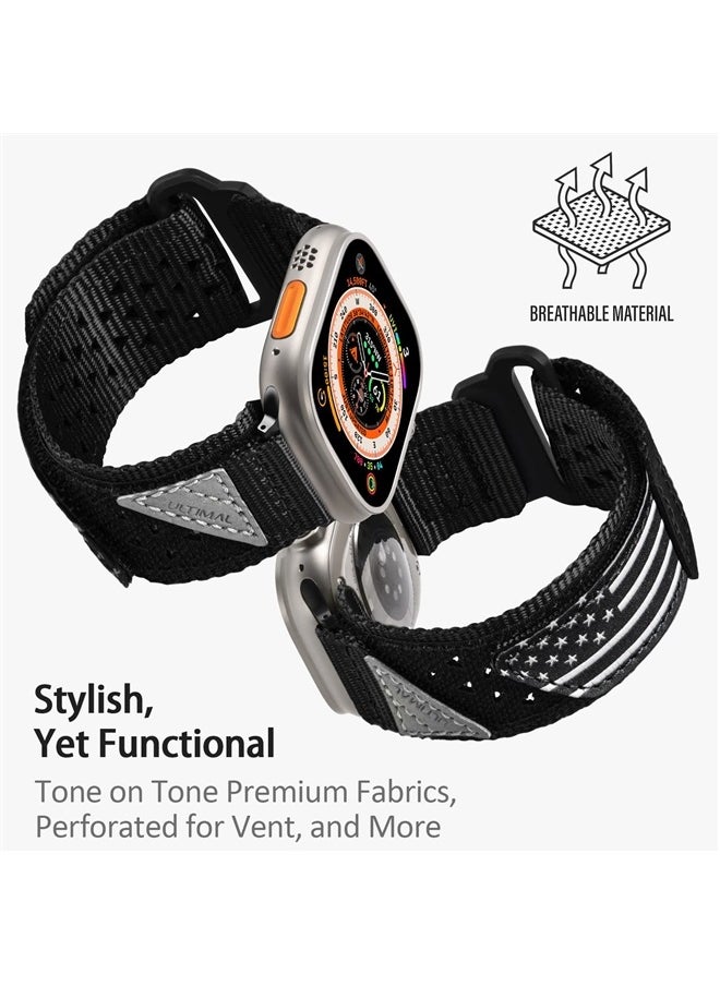 ULTIMAL - Band Compatible with Apple Watch 49mm 45mm/44mm/42mm 41mm/40mm/38mm, Tough Breathable Nylon Sports Strap, Hollow Out Design for iWatch Series 8/7/6/5/4/SE/3/2/1/Ultra (49mm L, Black USA Flag) - Image 1