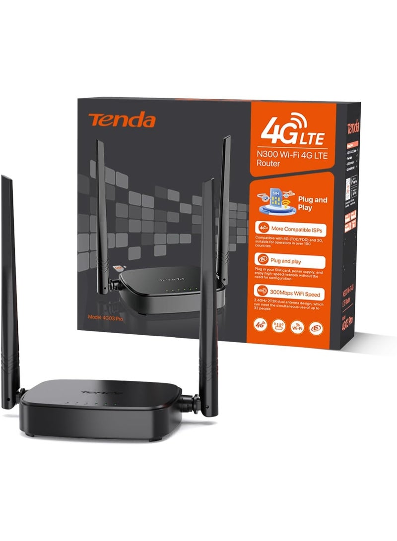 Tenda Router 4G SIM 4G03 Pro - Mobile WiFi Router 3G/4G Wireless Band 2.4 GHz 300Mpbs, LTE Cat4 150Mpbs, Fast Ethernet LAN/WAN Port, 2 * 4dBi External Antenna, NANO SIM Card, Plug and Play N300 4G LTE Router - Image 1