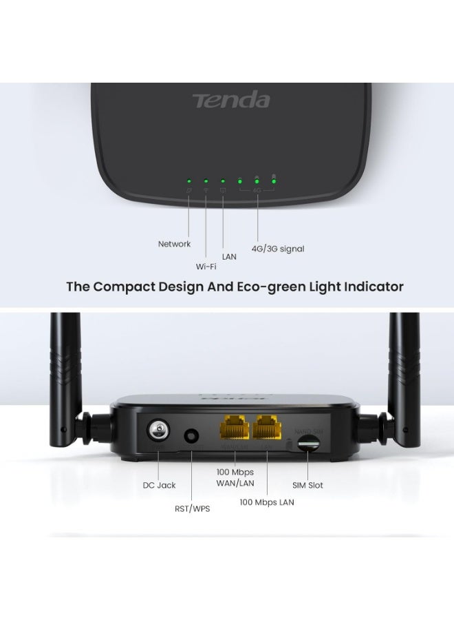 Tenda Router 4G SIM 4G03 Pro - Mobile WiFi Router 3G/4G Wireless Band 2.4 GHz 300Mpbs, LTE Cat4 150Mpbs, Fast Ethernet LAN/WAN Port, 2 * 4dBi External Antenna, NANO SIM Card, Plug and Play N300 4G LTE Router - Image 3