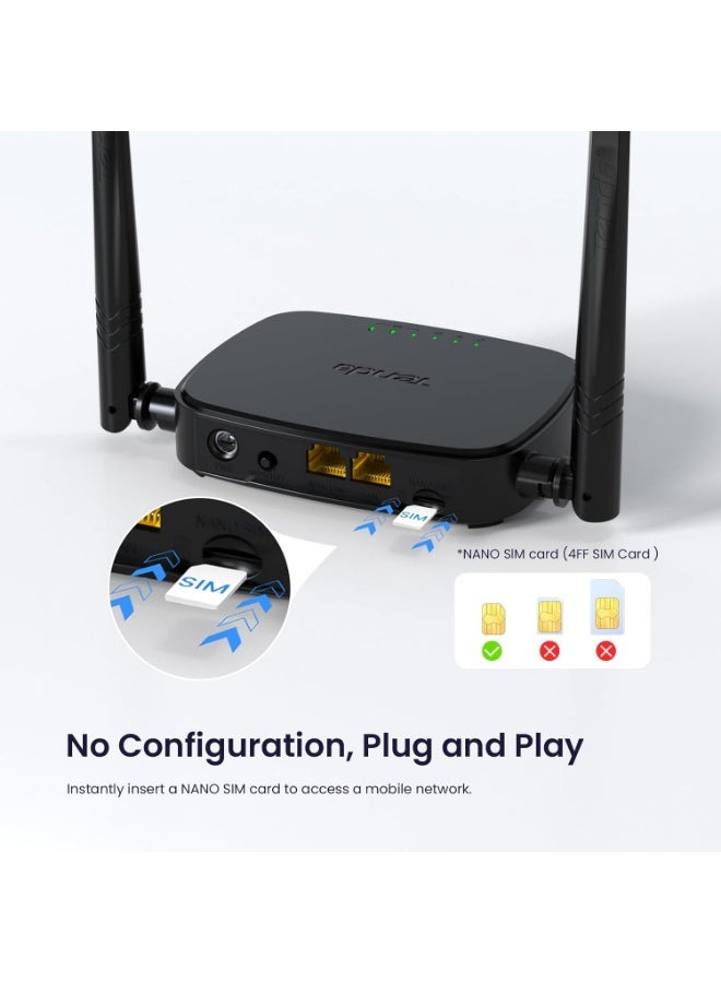 Tenda Router 4G SIM 4G03 Pro - Mobile WiFi Router 3G/4G Wireless Band 2.4 GHz 300Mpbs, LTE Cat4 150Mpbs, Fast Ethernet LAN/WAN Port, 2 * 4dBi External Antenna, NANO SIM Card, Plug and Play N300 4G LTE Router - Image 2