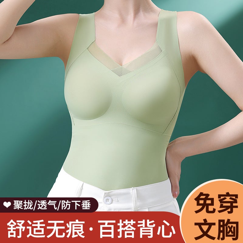 Plus Size Seamless Ice Silk Vest Breathable Comfortable Exterior V-Neck Mesh Removable Cup Wear-Free Underwear Base Shirt - Image 2