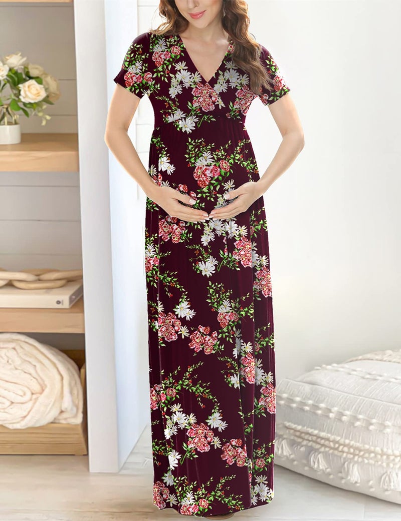 Xpenyo Women's Floral Maternity Dresses Summer Casual Short Sleeve V Neck Wrap Long Maxi Dress Pregnancy Clothes for Baby Shower, Photoshoot, Party, Daily, Nursing, Flower Wine Red M - Image 2