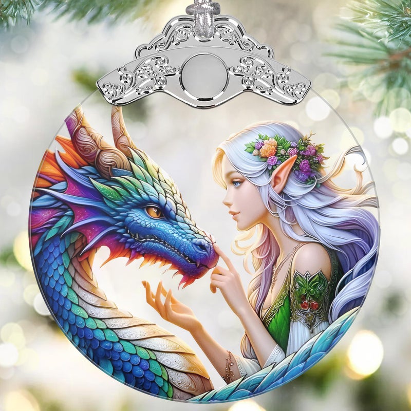 Jocidea Enchanted Elf & Dragon Ornament - Jocidea Christmas Ornaments - Stained Glass Hanging Decor - Christmas Tree Ornaments - Christmas Decoration - Gifts for Friends  Sisters - Gift Ornament - Image 1