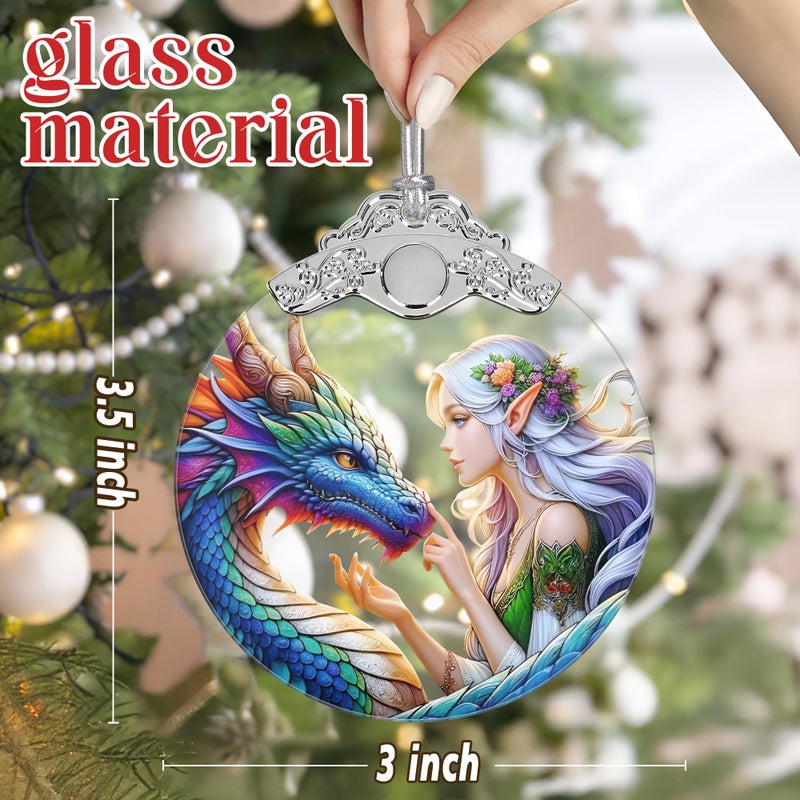 Jocidea Enchanted Elf & Dragon Ornament - Jocidea Christmas Ornaments - Stained Glass Hanging Decor - Christmas Tree Ornaments - Christmas Decoration - Gifts for Friends  Sisters - Gift Ornament - Image 2